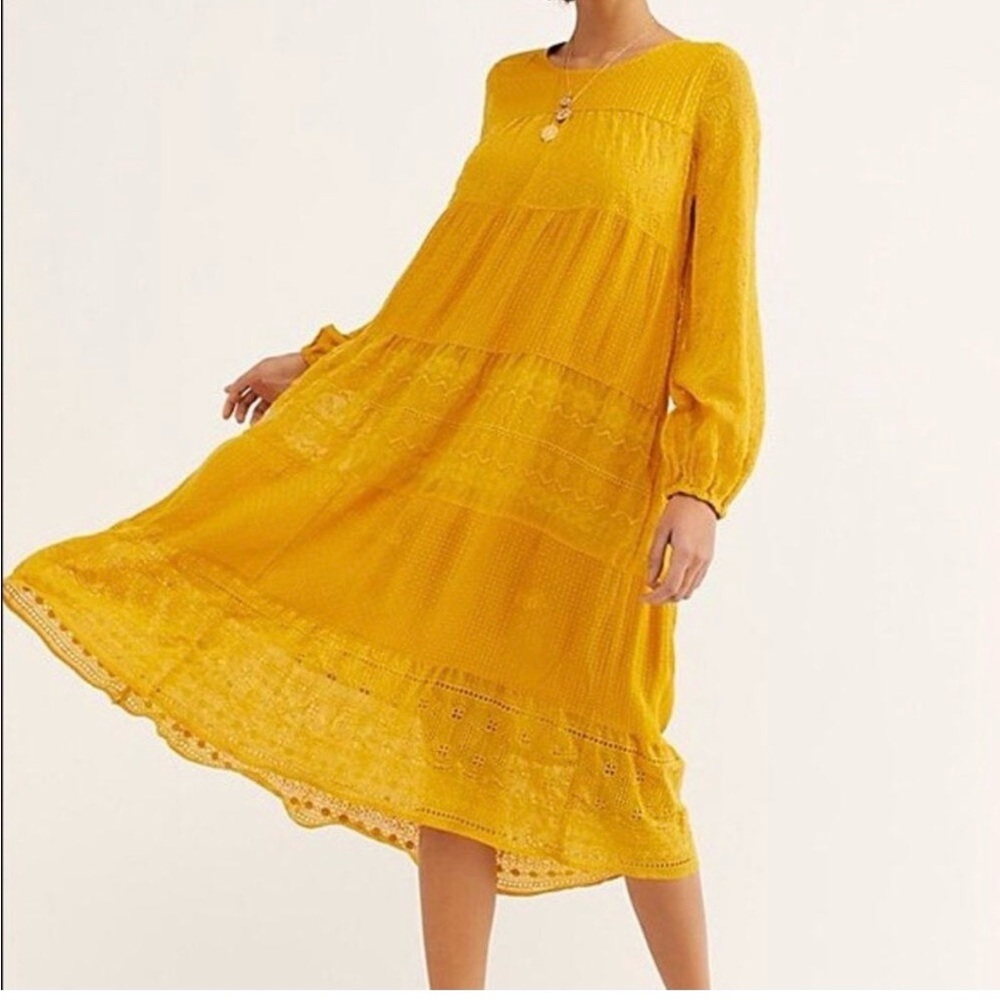 Free People Gemma Midi Dress in Mustard color